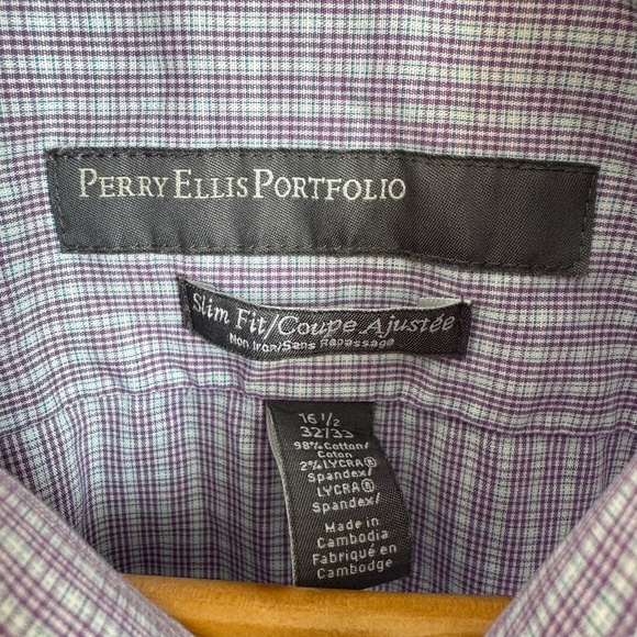 Perry Ellis Portfolio 16.5 Slim Fit Micro Plaid Button Up Dress Shirt Purple - Picture 3 of 12